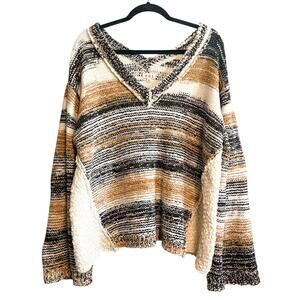 POL Sienna Chenille Textured Striped Slouchy Oversized V-Neck Sweater Size L
